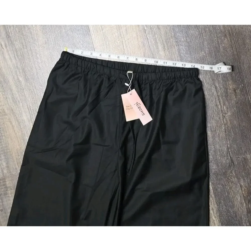 Sucegi Black Wide Leg Pants Large High Waisted Lounge Pajama Palazzo Trousers L - Picture 2 of 6